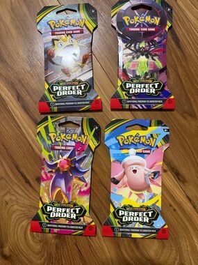 Pokemon Perfect Order Booster Packs with Blue, Pink, Green, Yellow Accents